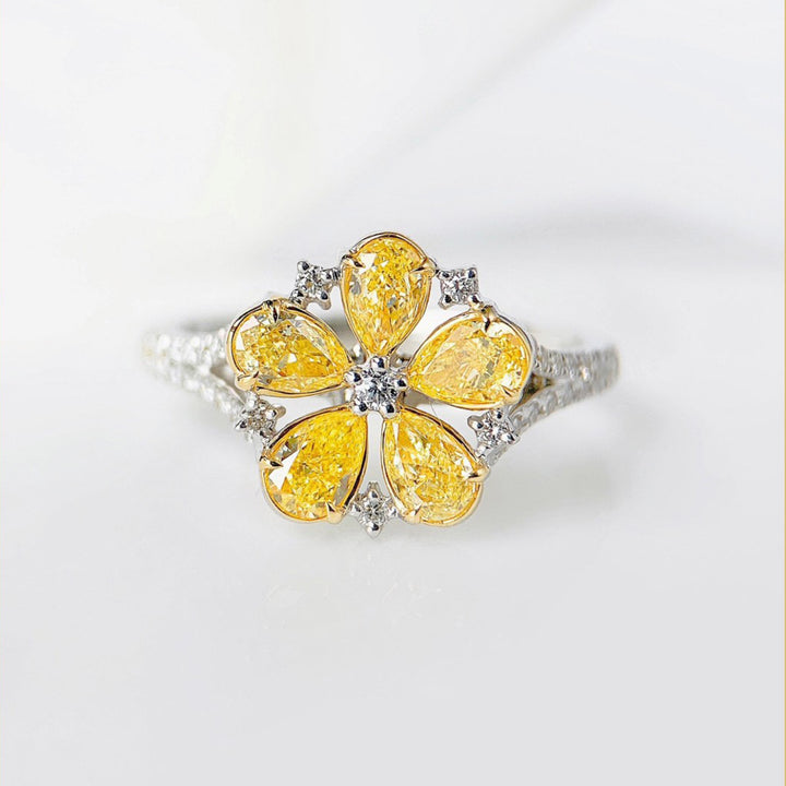 Pear‑Shaped Yellow Diamond Floral Open Adjustable Ring, Paved Split‑Shank Two‑Tone Flower Ladies Ring