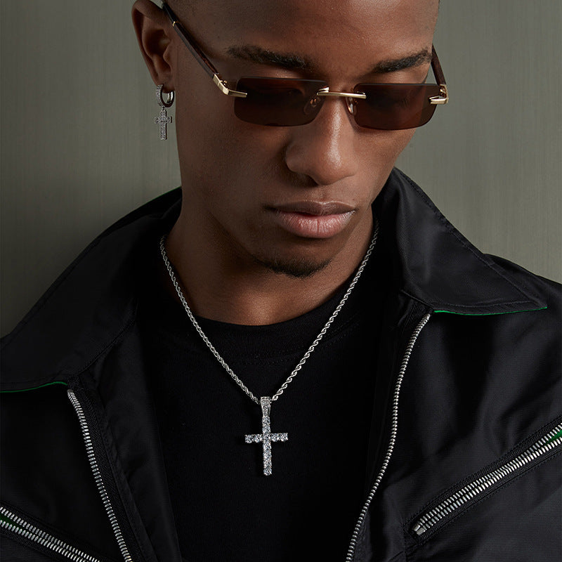 Hip‑Hop Full‑Paved Diamond Cross Pendant Necklace, Retro Rope Chain Unisex Choker