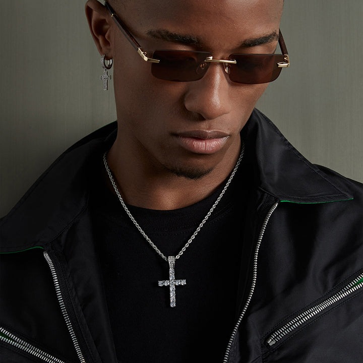Hip‑Hop Full‑Paved Diamond Cross Pendant Necklace, Retro Rope Chain Unisex Choker