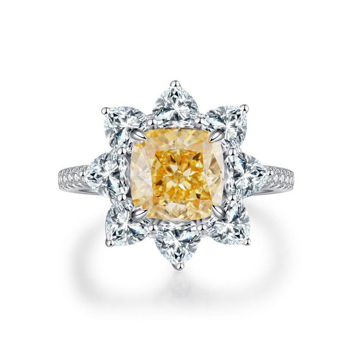 Yellow Diamond Flower Halo Ring Women Pear White Diamond Silver Vintage Jewelry Gift