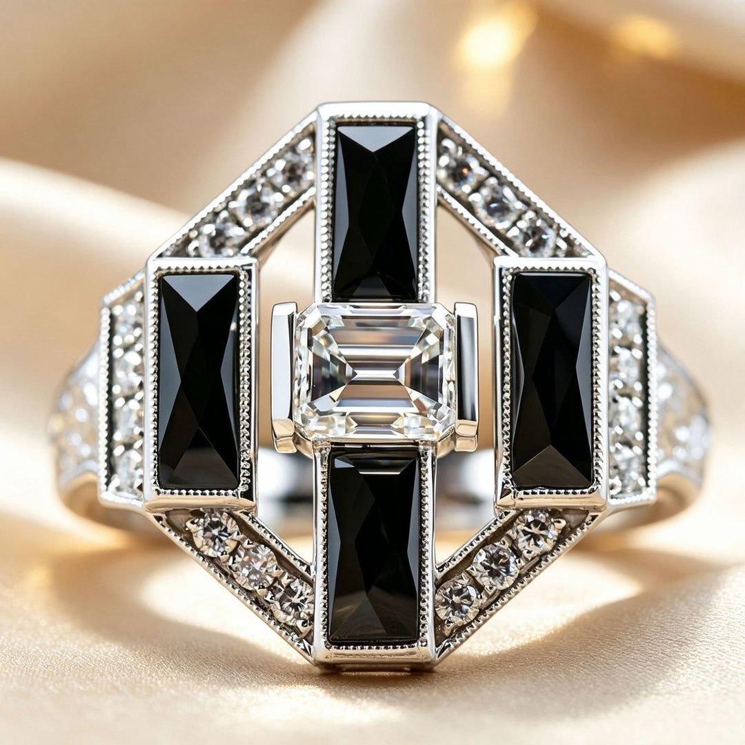 Art Deco Emerald Cut Diamond Statement Ring Black Baguette Agate Geometric Vintage Ring