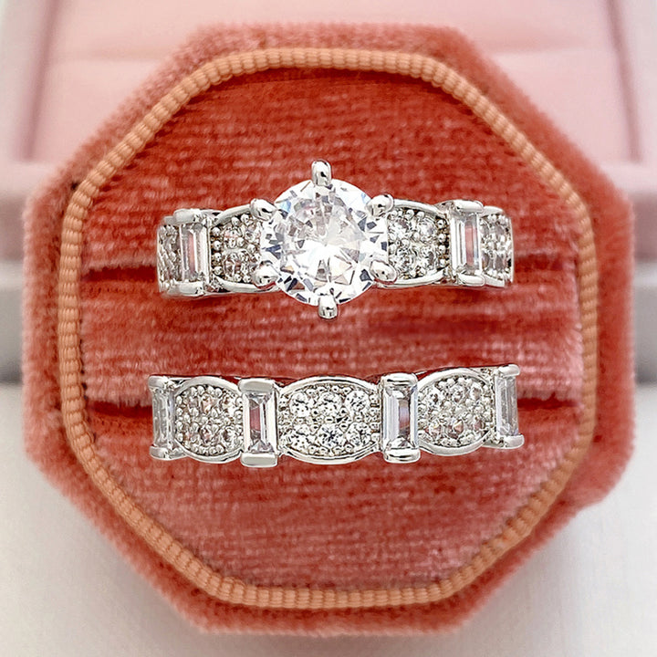Two‑Piece Stackable Ring Set, Round‑Cut Center Diamond With Paved & Baguette‑Cut Accent Diamonds
