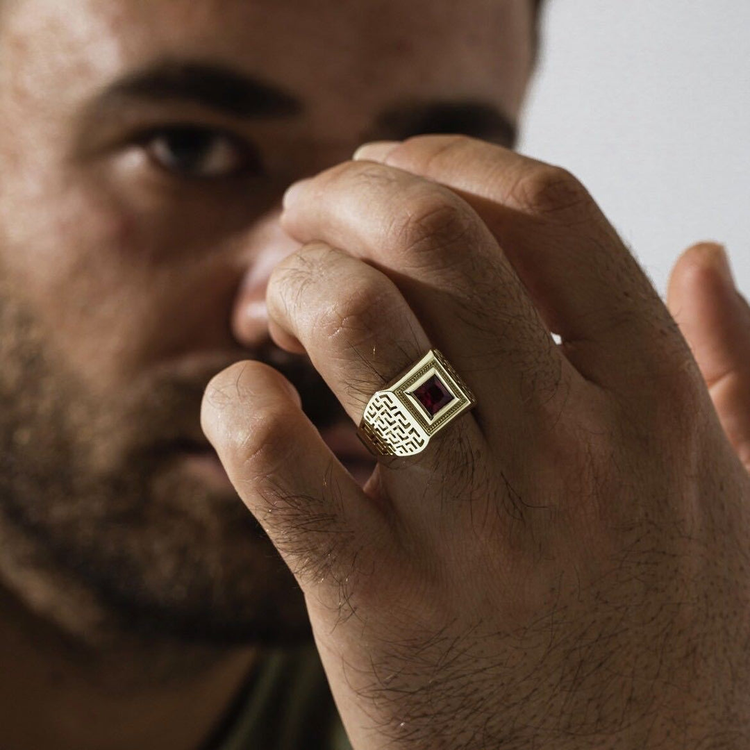 Vintage Meander‑Pattern Hollow Wide‑Band Men’s Ring, Square‑Gem Square‑Bezel Signet Ring