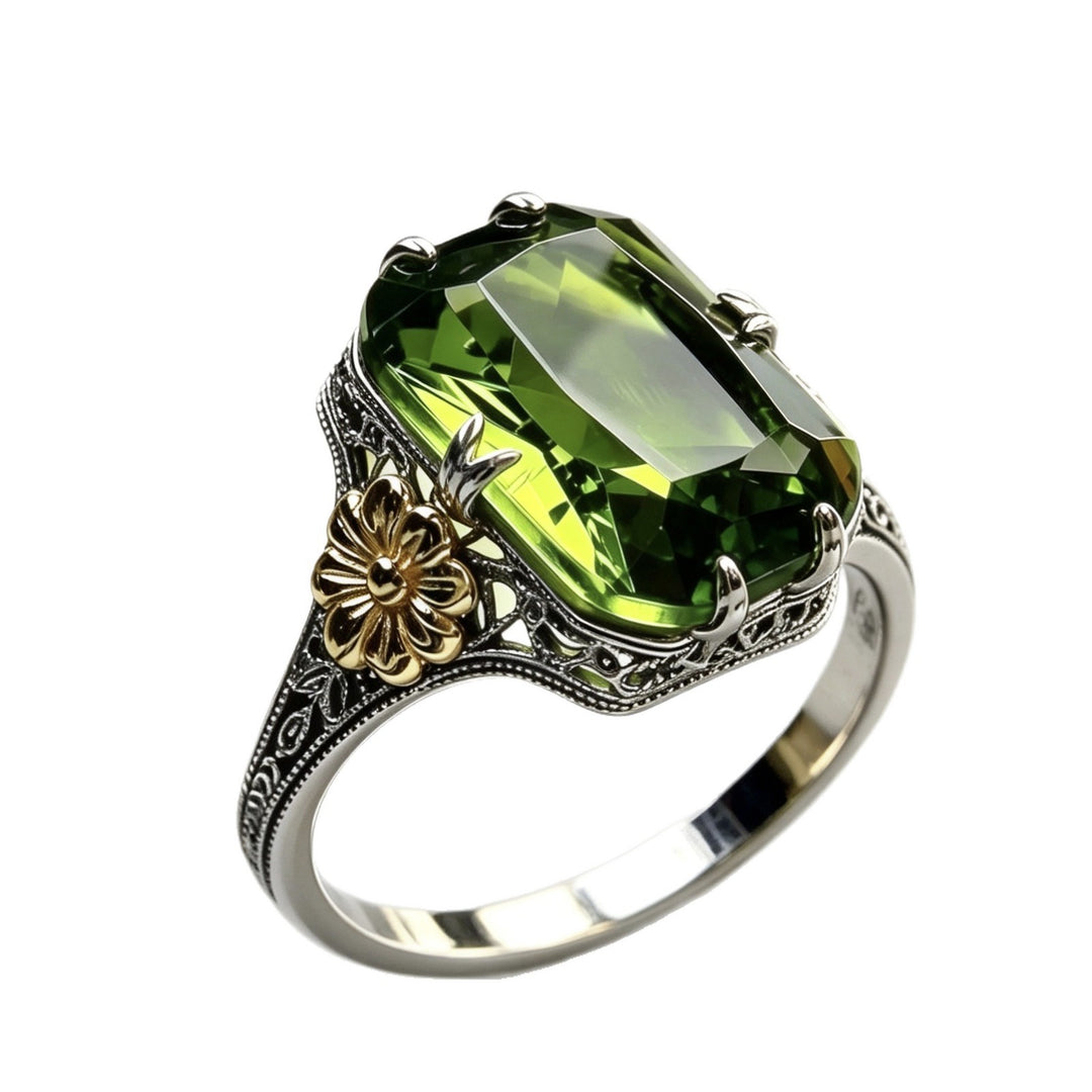 Vintage Emerald Cut Gemstone Flower Ring Women Art Deco Filigree Two Tone Statement Ring