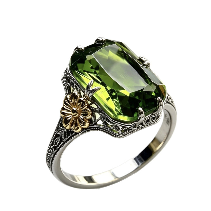 Vintage Emerald Cut Gemstone Flower Ring Women Art Deco Filigree Two Tone Statement Ring