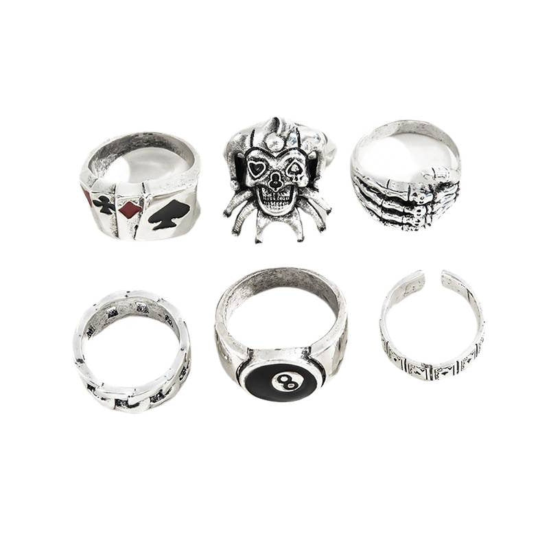 Gothic Skull Poker 8-Ball Sterling Silver Stackable Ring Set Vintage Punk Hip Hop Rings For Men Women