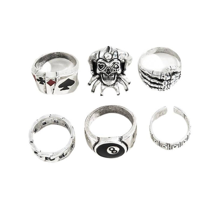 Gothic Skull Poker 8-Ball Sterling Silver Stackable Ring Set Vintage Punk Hip Hop Rings For Men Women