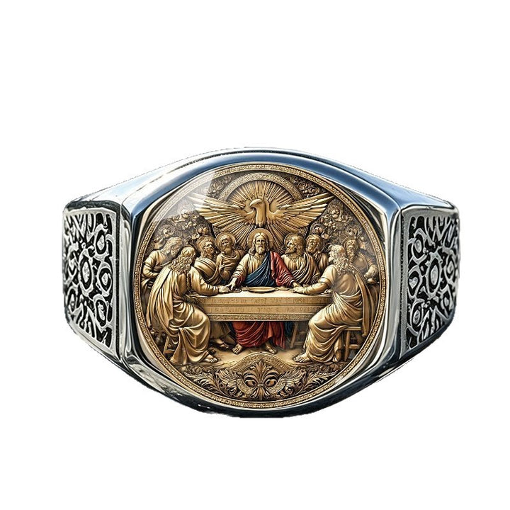 Religious Faith Signet Ring Hollow Pattern Band Vintage Spiritual Statement Ring For Men