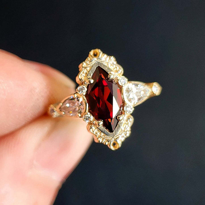 Vintage Marquise Red Gemstone Three Stone Ring Ornate Filigree Halo Diamond Accent Promise Ring Antique Gothic Bridal Statement Ring
