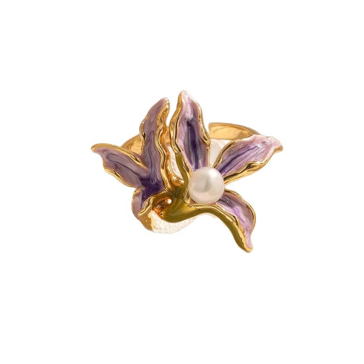 Purple Orchid Flower Ring Women Enamel Pearl Adjustable Open Gold Floral Ring