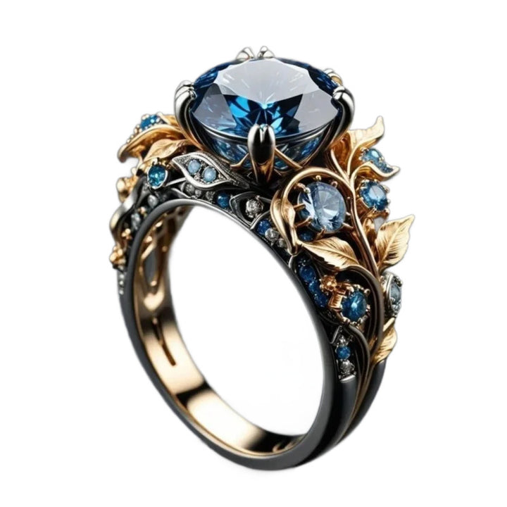 Blue Sapphire Leaf Vine Ring Women Two Tone Gold Silver Vintage Art Nouveau Nature Engagement Ring