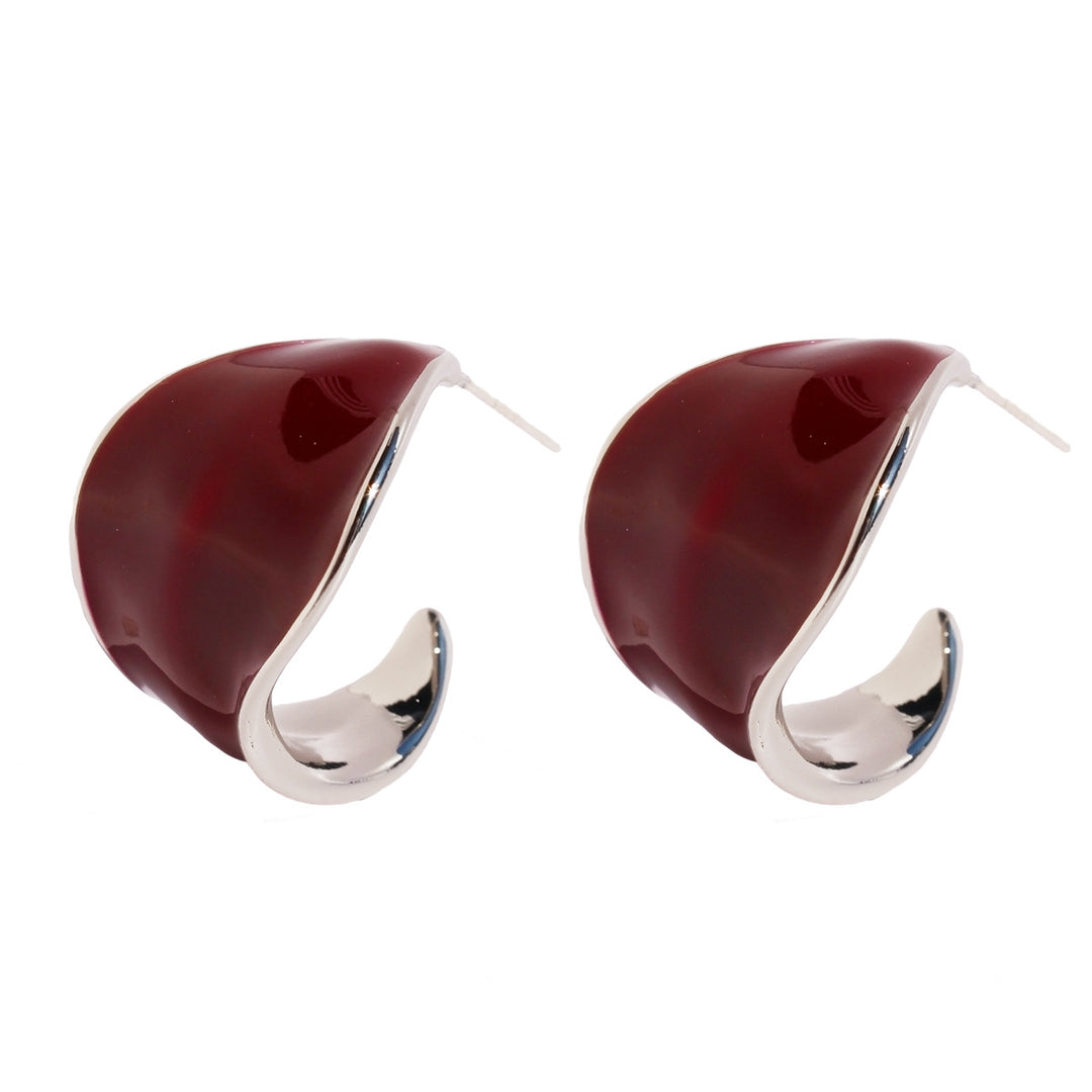 Sterling Silver Post Enamel CHoop Earrings Artistic Irregular Curved Hoops Angola Red And White Premium Jewelry