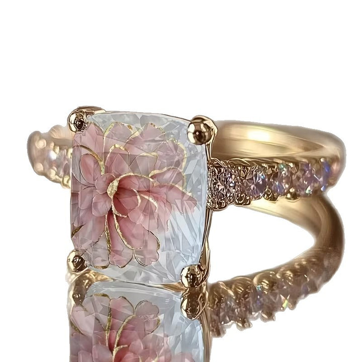 Pink Peony Inlay Cushion Diamond Ring Women Floral Leaf Gold Romantic Engagement Ring