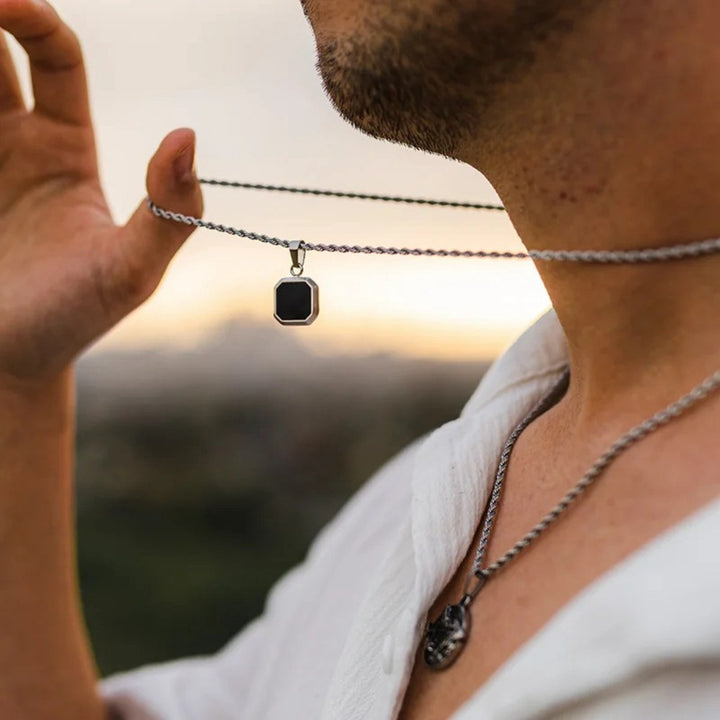 Octagon Square Black Onyx Pendant Minimalist Vintage Mens Rope Chain Necklace