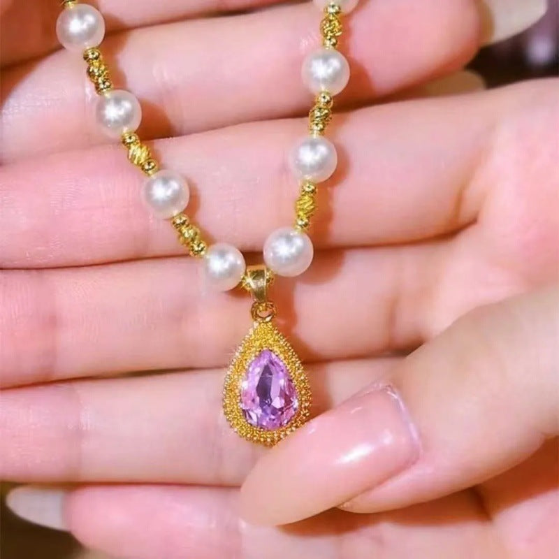 Teardrop Purple Gem Pearl Beaded Necklace Vintage‑Inspired Choker