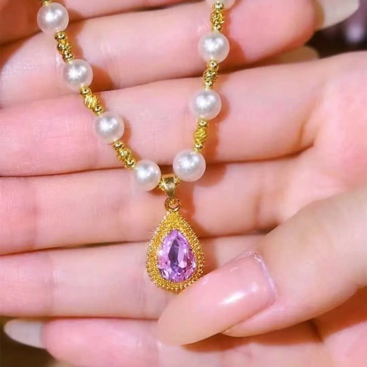 Teardrop Purple Gem Pearl Beaded Necklace Vintage‑Inspired Choker