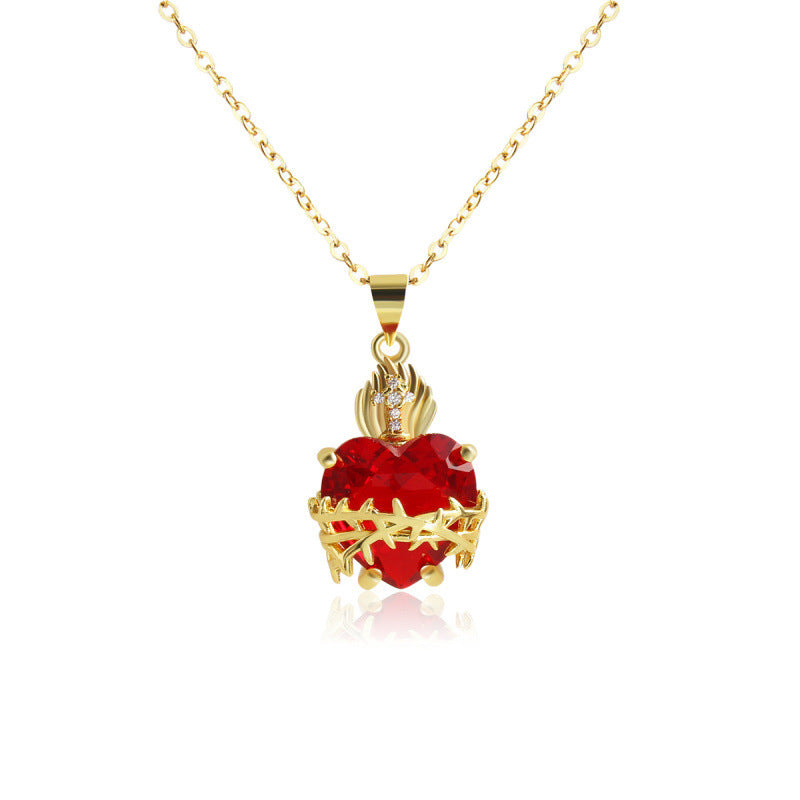 Red Heart Pendant Necklace Women Gold Crystal Wing Charm Diamond Elegant Jewelry Gift