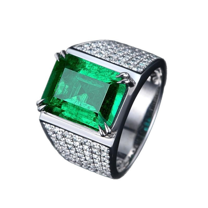 Wide‑Band Men’s Ring With Rectangular Emerald & Paved Diamonds Luxury Prong‑Set Statement Ring