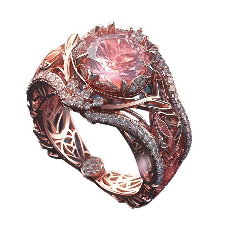 Pink Diamond Vine Flower Engagement Ring Women Rose Gold Floral Leaf Crown Openwork Promise Ring