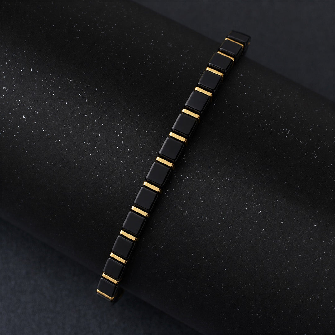 Black Square Obsidian Bead Bracelet Minimalist Premium Unisex Stackable Wrist Band