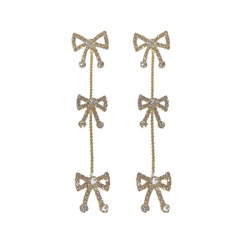 Long Tassel Bow Drop Earrings For Women Multi Bow Rhinestone Dangling Earrings Two Color Options