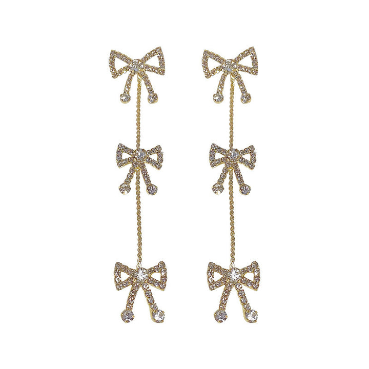 Long Tassel Bow Drop Earrings For Women Multi Bow Rhinestone Dangling Earrings Two Color Options
