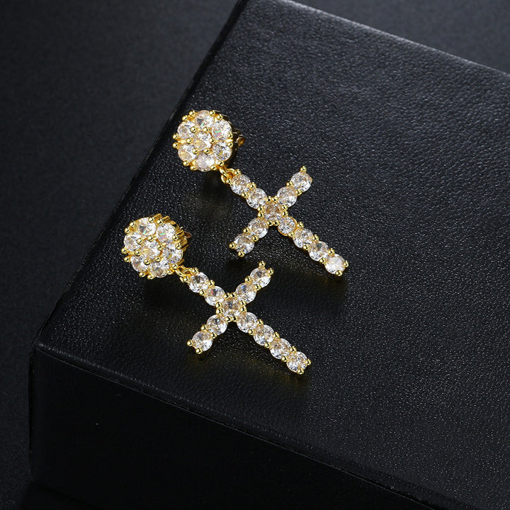 Paved Round Stone Cross Drop Earrings S925 Silver Post Luxury Women Diamond Earrings