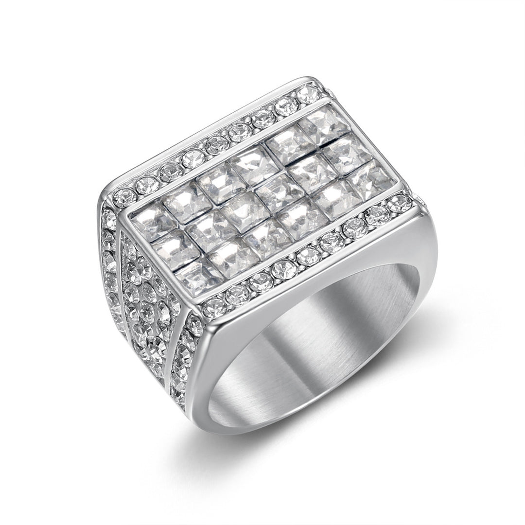 Hip Hop Full Diamond Square Titanium Steel Men Ring, European Trend Wide Band Diamond Ring