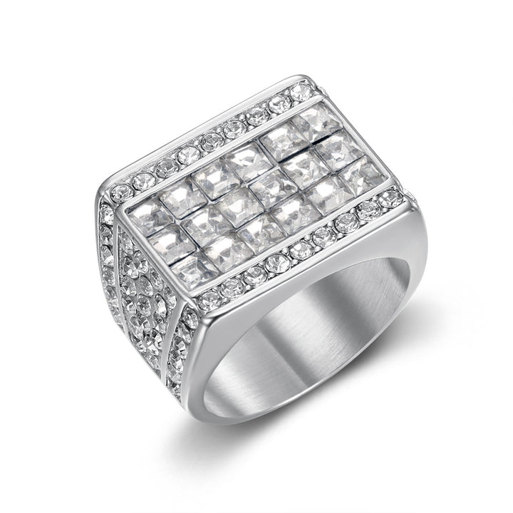 Hip Hop Full Diamond Square Titanium Steel Men Ring, European Trend Wide Band Diamond Ring