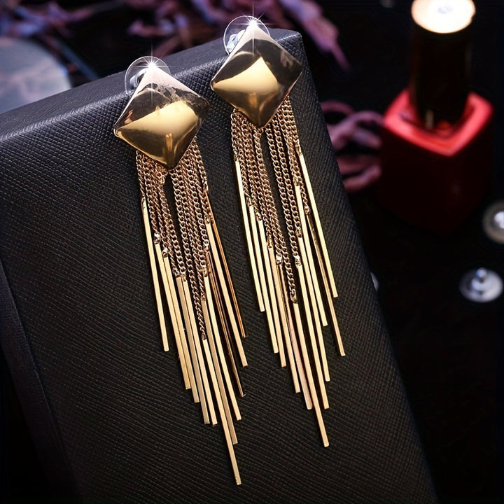 Square Geometric Long Tassel Drop Earrings Statement Fringe Dangle Earrings Glam Evening Party Wedding Fashion Jewelry For Women