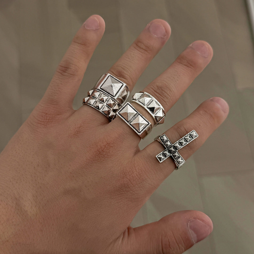 Silver Pyramid Stud Cross Five Piece Ring Set Punk Mens Adjustable Open Rings