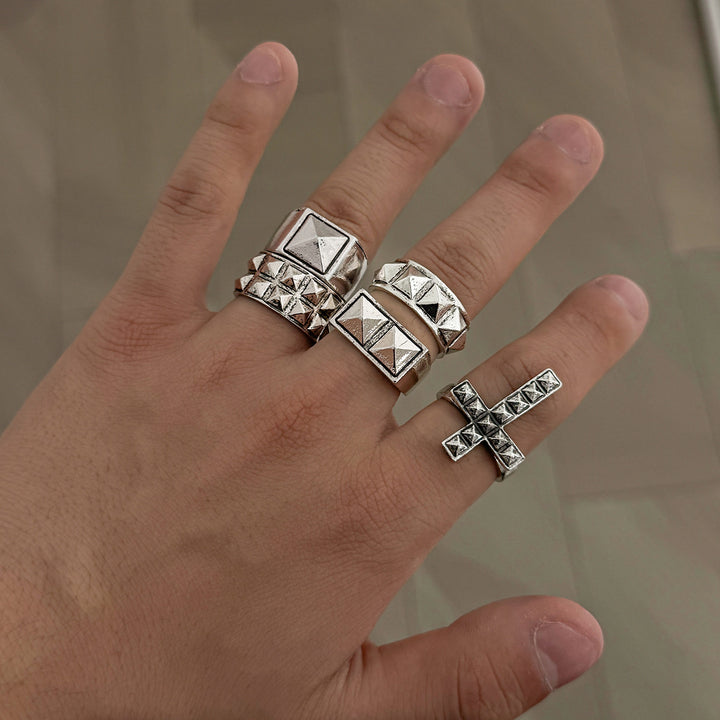 Silver Pyramid Stud Cross Five Piece Ring Set Punk Mens Adjustable Open Rings