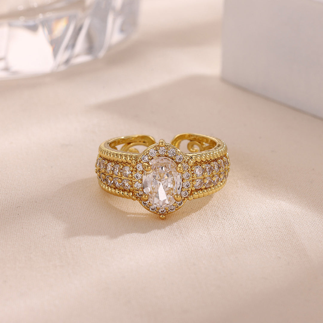 Vintage Royal Oval Diamond Open‑Band Ring Heavy Textured Pattern 14K Gold Women Ring