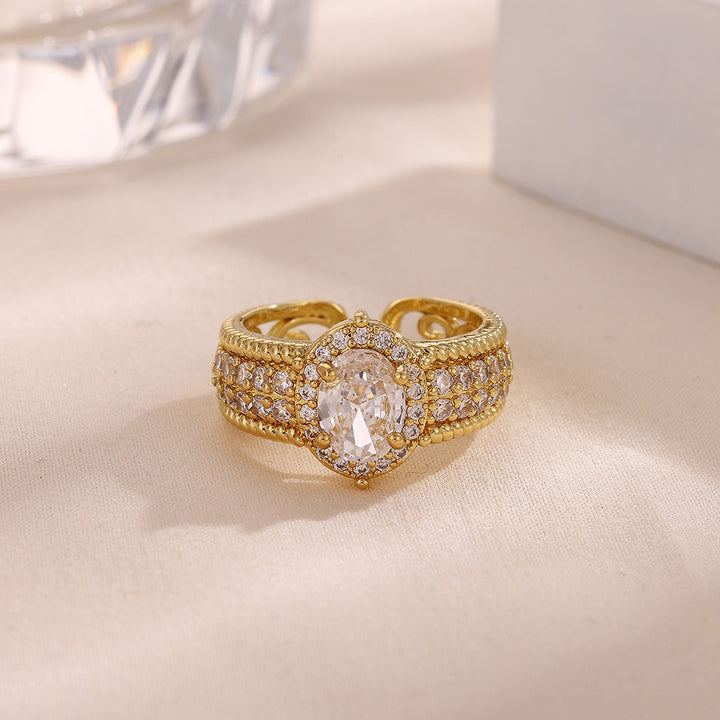 Vintage Royal Oval Diamond Open‑Band Ring Heavy Textured Pattern 14K Gold Women Ring
