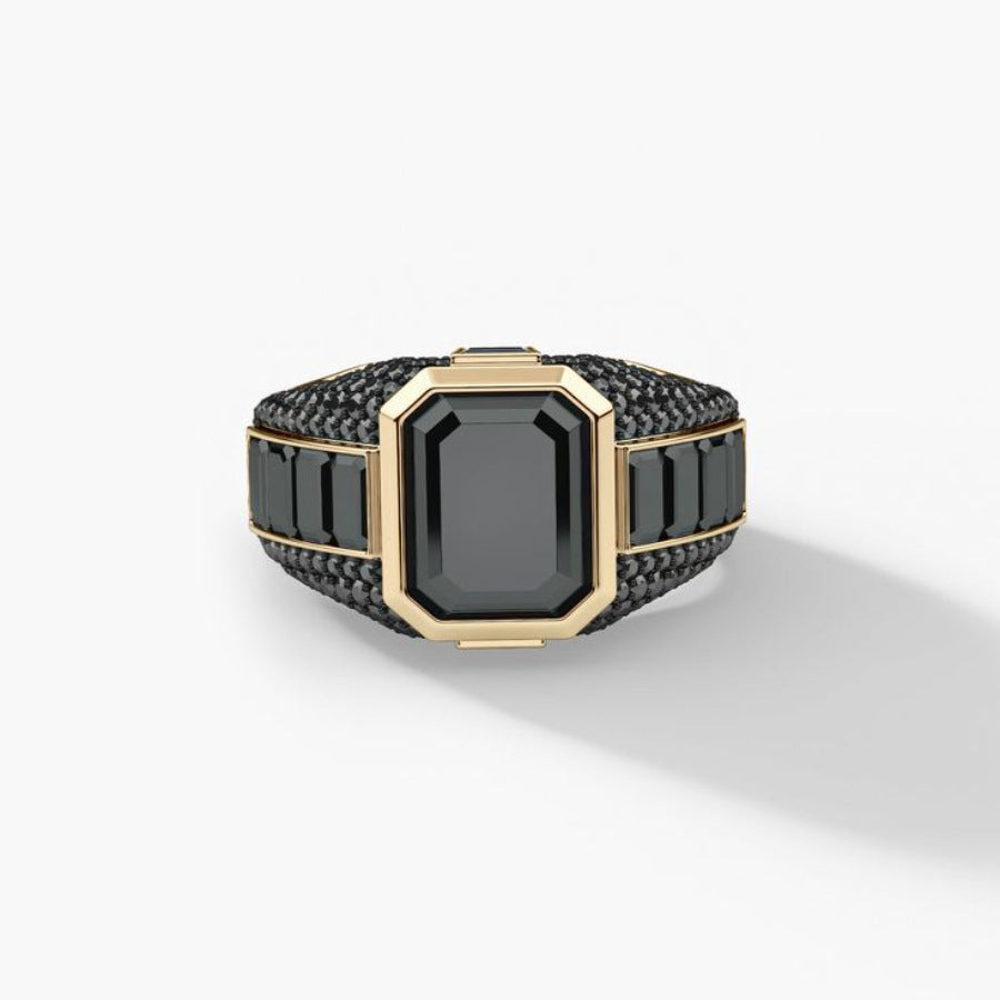 Square Obsidian Wide‑Band Men Statement Ring, Heavy‑Duty Geometric Paved Band
