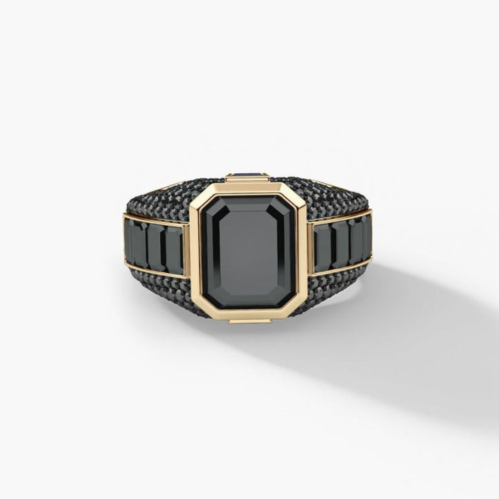 Square Obsidian Wide‑Band Men Statement Ring, Heavy‑Duty Geometric Paved Band