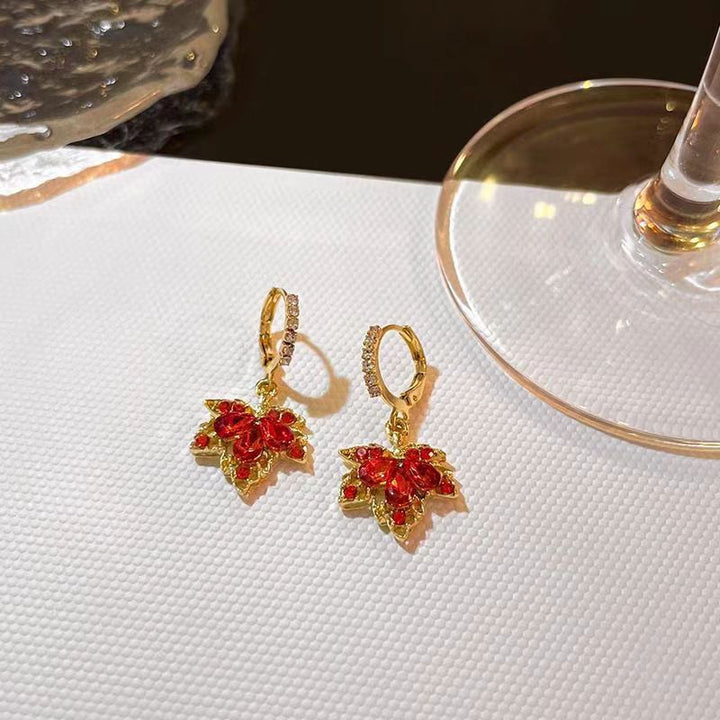 Red Maple Leaf Dangle Hoop Earrings Sparkling Paved Diamond Drop Earrings Autumn Statement Fashion Jewelry For Women Wedding Party Daily Wear