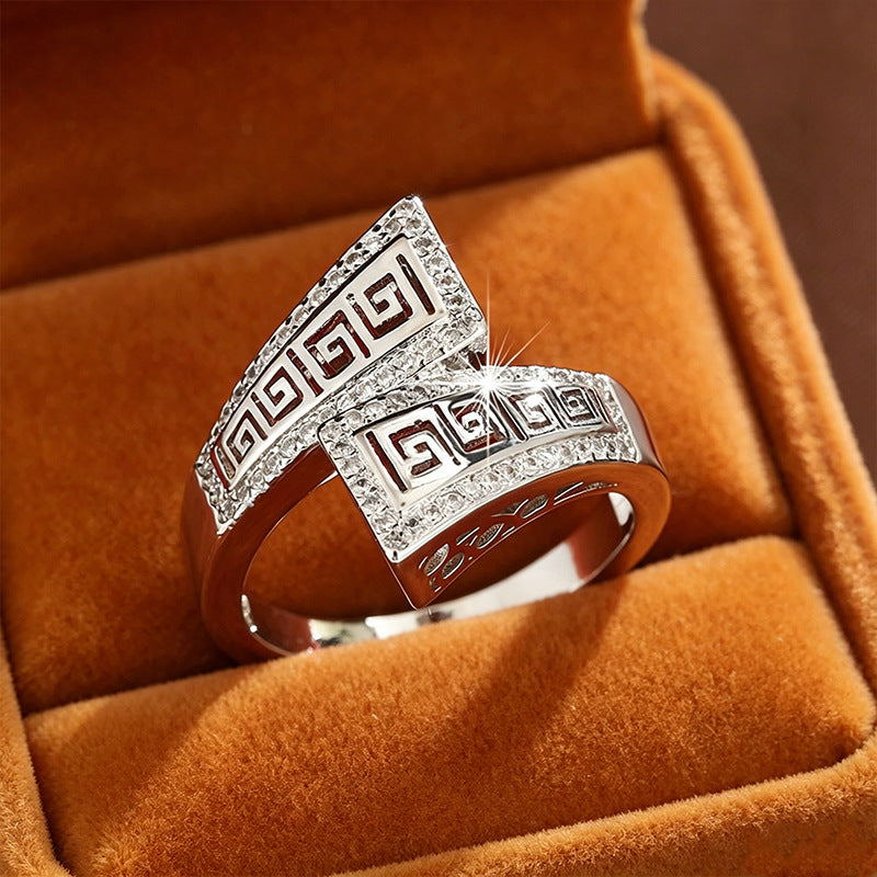 Vintage Geometric Bypass Statement Ring For Women Greek Key Pattern Diamond Inlaid Fashion Jewelry