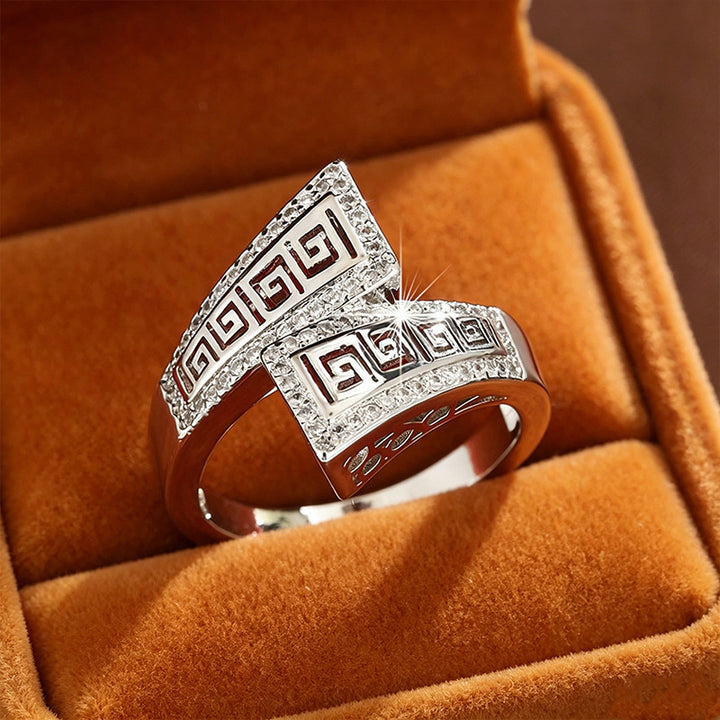 Vintage Geometric Bypass Statement Ring For Women Greek Key Pattern Diamond Inlaid Fashion Jewelry