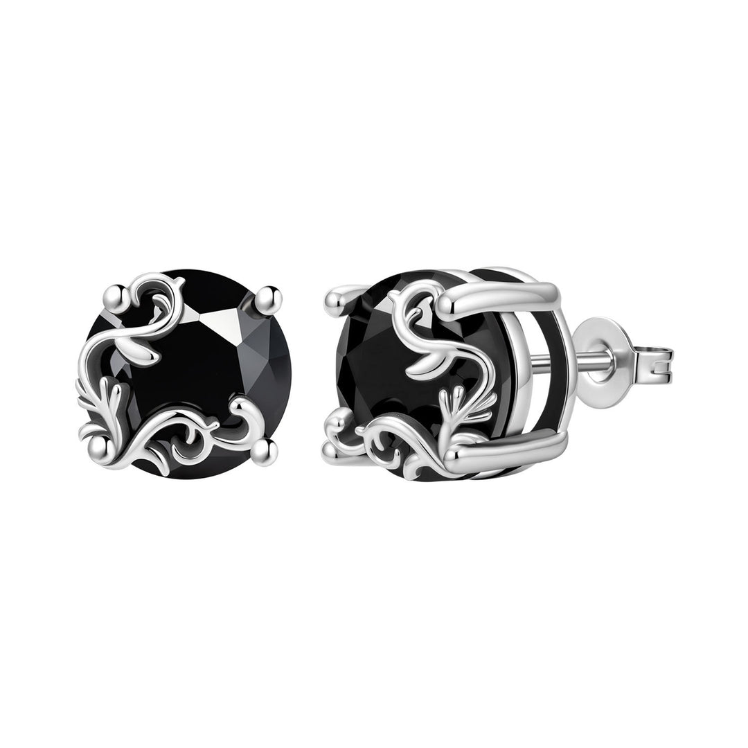 Black Obsidian Vintage Scroll Stud Earrings Women Round Stone Sterling Silver Earrings Gothic Jewelry