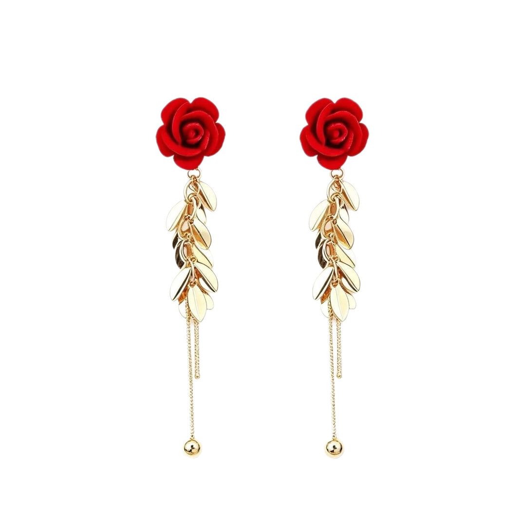 Red Rose Leaf Tassel Drop Earrings Long Dangle Earrings For Women