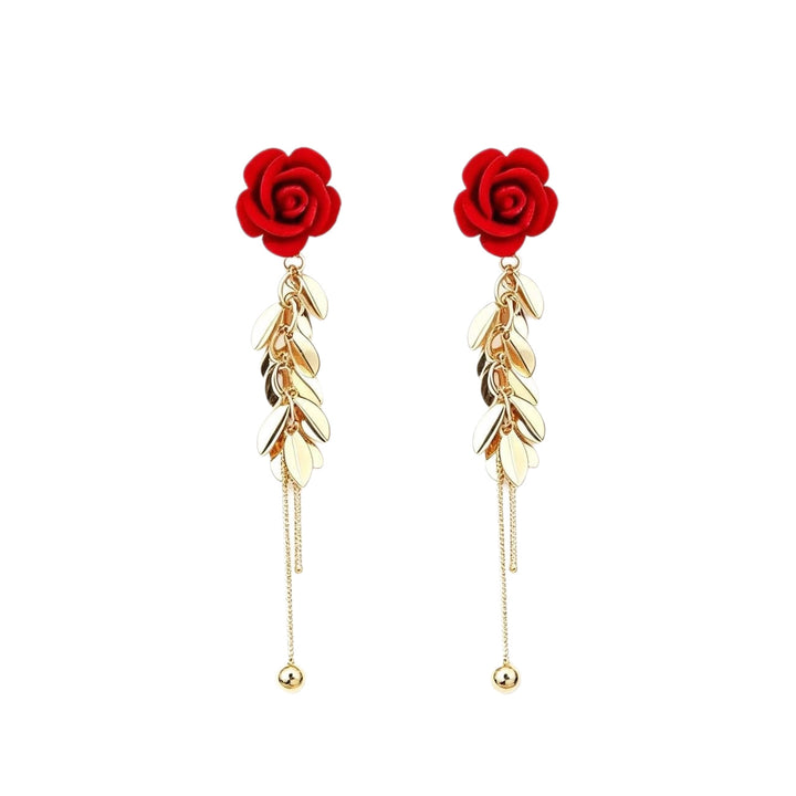 Red Rose Leaf Tassel Drop Earrings Long Dangle Earrings For Women