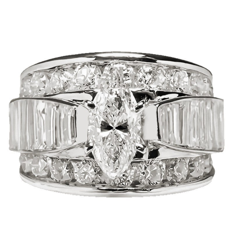 Marquise Center Stone Multi Layer Wide Band Sterling Silver Ring Baguette Diamond Unisex Ring