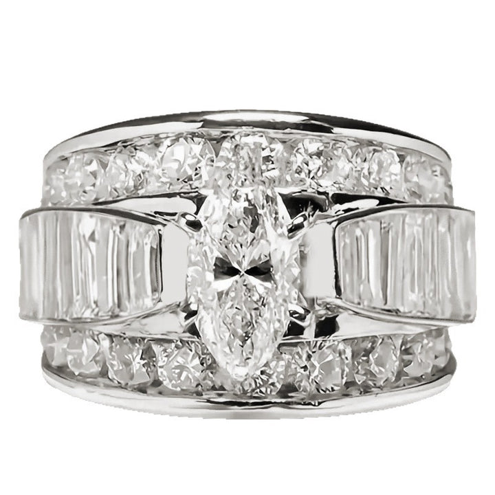 Marquise Center Stone Multi Layer Wide Band Sterling Silver Ring Baguette Diamond Unisex Ring