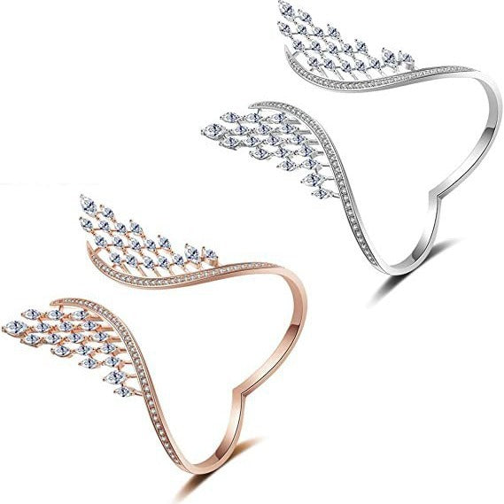 Angel Wing Marquise Diamond Chevron Ring and Cuff Bracelet Set Women Leaf Branch Jewelry Set
