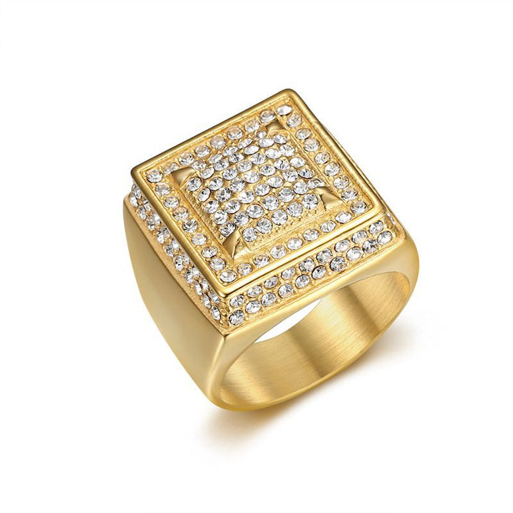 Men's Square Signet Ring Pave Diamond Wide Band Hip Hop Pinky Ring Gold Silver Two Tone