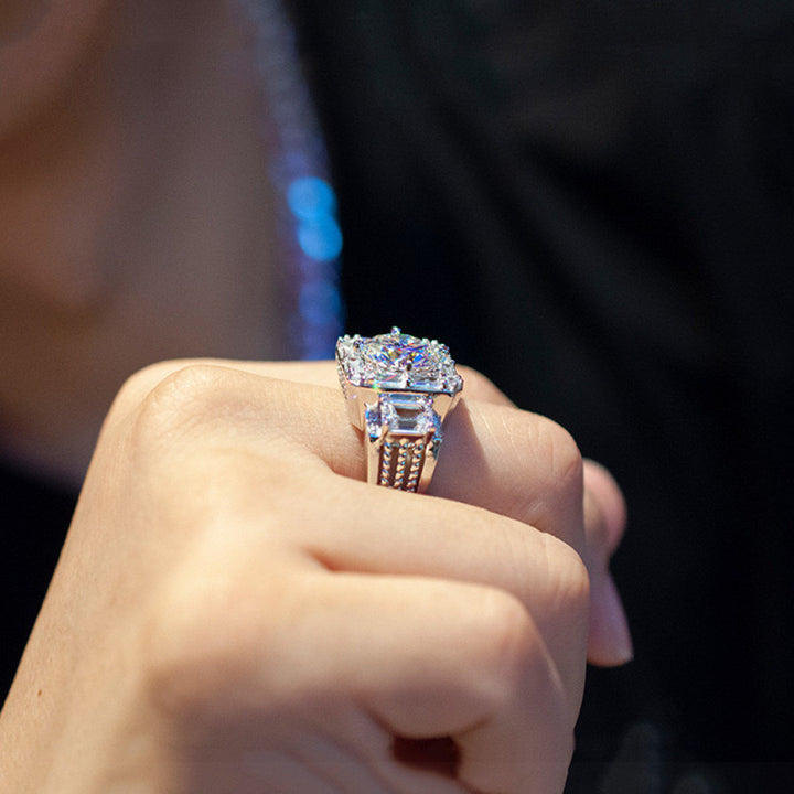 Hip Hop Square Halo Diamond Statement Ring Luxury Iced Out Wide Band Ring For Men Fashion Party Jewelry