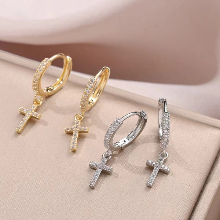 Pavé Hoop Cross Charm Huggie Earrings S925 Silver Post Trendy Women Diamond Drop Earrings