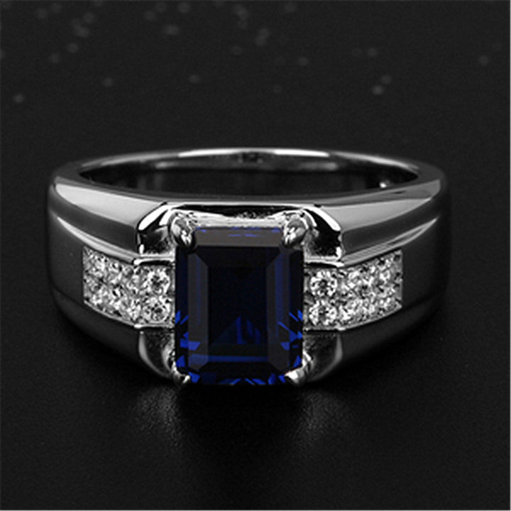Rectangular Gemstone Men's Ring, Luxury Business Band in S925 Silver (Sapphire / Emerald Optional)