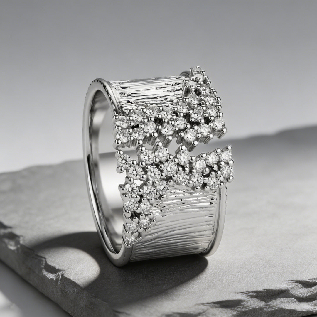Wide Band Diamond Statement Ring Women Textured Open Cuff Bold Fashion Cocktail Ring